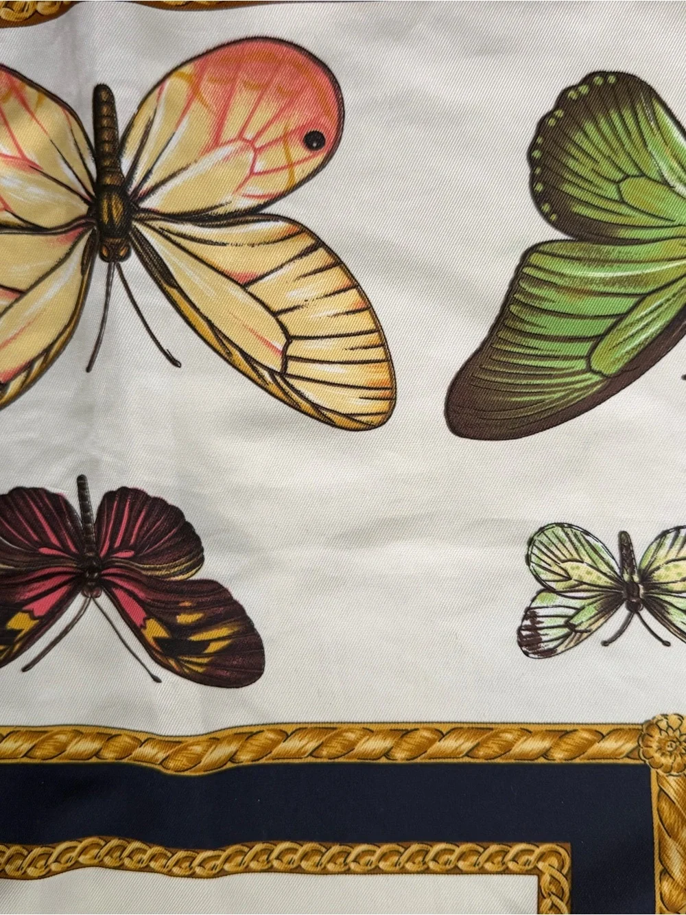 Butterfly Print Poly Scarf in Cream, Green & Purple